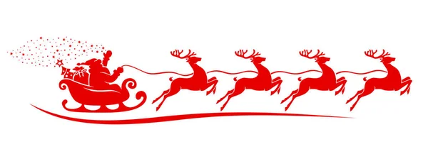 サンタクロースのシルエットは クリスマスツリーとトナカイによって引かれた贈り物でそりに乗っています クリスマスの装飾赤いシンボル 透明な背景のベクトル — ストックベクタ