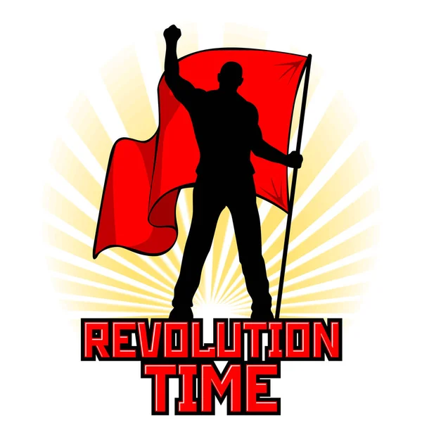 Homme Drapeau Rouge Sur Fond Lever Soleil Silhouette Manifestants Rebelles — Image vectorielle