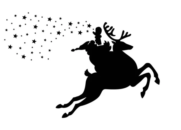 圣诞老人骑着驯鹿 撒播着圣诞星 透明背景下的矢量轮廓 — 图库矢量图片