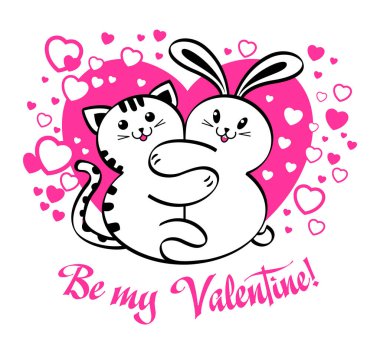 Pembe bir kalbin arka planında kedi ve tavşan sarılır. Tebrik kartı için vektör şablonu, Sevgililer Günü daveti