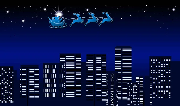 Paysage Urbain Étoilé Noël Avec Silhouette Père Noël Traîneau Fond — Image vectorielle