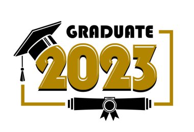2023 sınıf mezunu - görev tamamlandı. Okul mezunlarını tebrik etme konsepti. Tişört, broşür, davetiye ve tebrik kartı için tasarım. Görüntü, vektör