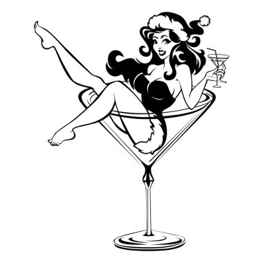 Beauty santa girl sitting in high cocktail glass and holding glass in his hand. Pin Up cartoon vector on transparent background clipart