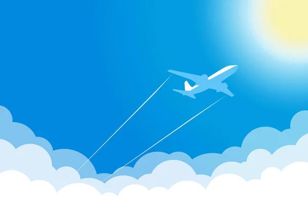 青い空の白い飛行機は熱い太陽の方へ雲の上を飛ぶ ベクトル背景 — ストックベクタ