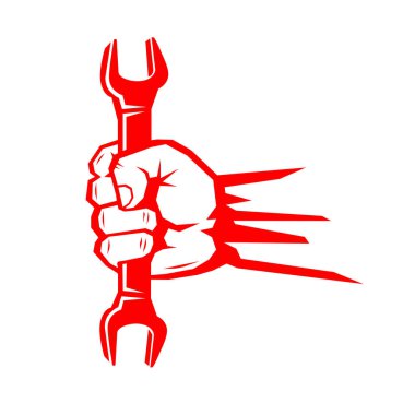 İngiliz anahtarlı bir işçi eli. Ağır mekanik işlerin sembolü, protesto, hakların için savaş. Vektör şablonu