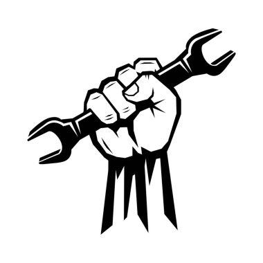 İngiliz anahtarıyla İşçi Eli kaldırıldı. Ağır mekanik işlerin sembolü, protesto, hakların için savaş. Vektör şablonu