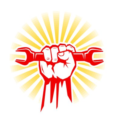 Gün doğumunda İngiliz anahtarı olan kırmızı yumruklu İşçi Bayramı vekil çıkartması. Poster için vektör şablonu, aktarılan arkaplanda tebrik kartı