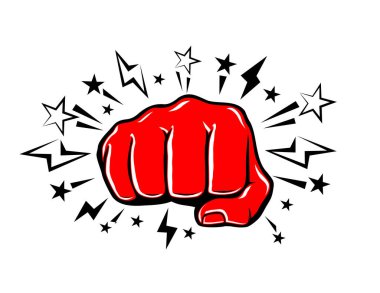 Güçlü yumruk. Patlayıcı yumruk, komik bir şekilde çizilmiş. Yumruk at, güçlü yumruk at. Şeffaf arkaplanda vektör