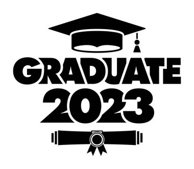 2023 sınıfı mezunları tebrik ediyor. Okul mezunlarını tebrik etme konsepti. Tişört, broşür, davetiye ve tebrik kartı için tasarım. Görüntü, vektör