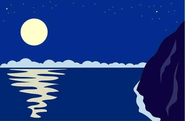 Ночной Пейзаж Полной Луной Скалистым Берегом Векторный Фон — стоковый вектор