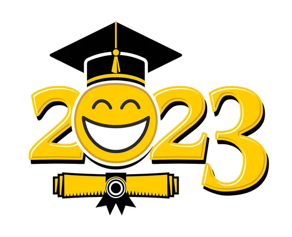 Class 2023 Emoticon Smile Graduation Cap Template Greeting Invitation Card — Stock Vector