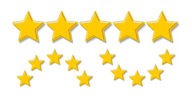 Gerçekçi gölgesi olan beş yıldız. Çevrimiçi dükkan için vektör simgeleri, şeffaf arkaplan üzerinde müşteri değerlendirme ürün servis mağazası