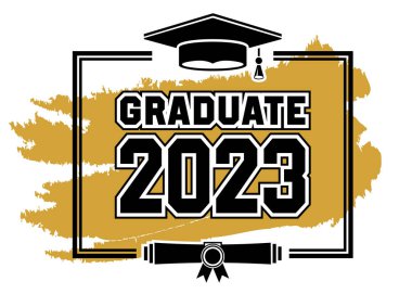 2023 sınıfı mezunları tebrik ediyor. Okul mezunlarını tebrik etme konsepti. Tişört, broşür, davetiye ve tebrik kartı için tasarım. Çizim, vekto