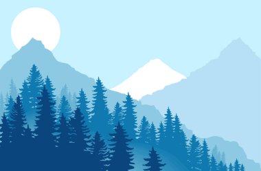Dağlar ormanı. Poster, kitap kapağı, afiş, broşür ve başlık web sayfası için vektör şablonu