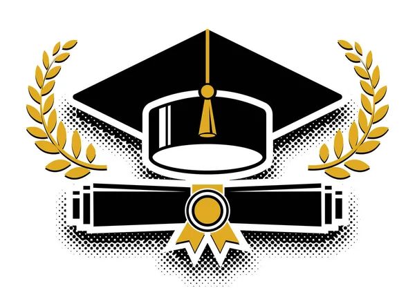 研究生课程模板标志与月桂花环 毕业帽和毕业证书 透明背景下的矢量 — 图库矢量图片