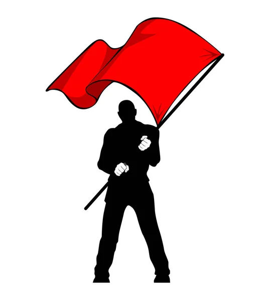 Pria Dengan Bendera Merah Siluet Protes Pemberontak Memegang Banner Vektor - Stok Vektor