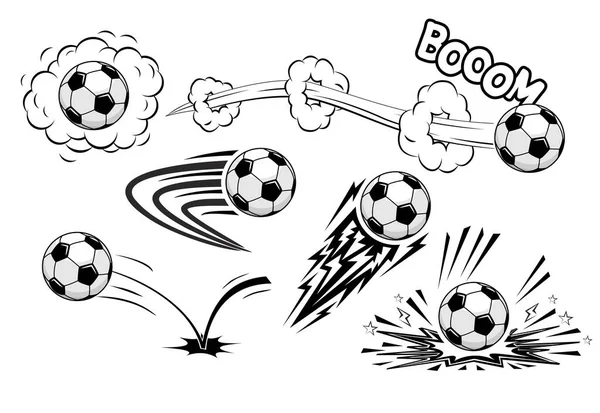 Soccers Bolas Futebol Voar Alta Velocidade Vetor Estilo Cômico Fundo — Vetor de Stock