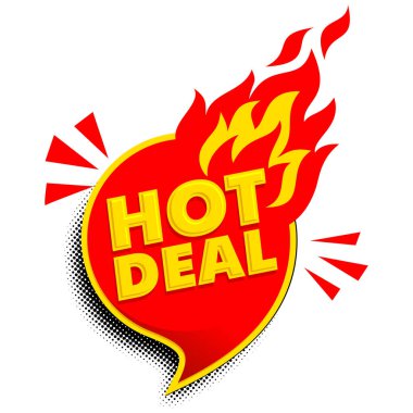 Hot Deal promosyon etiketi. Düz yangın afişi, fiyat etiketi, iyi anlaşma, satış, teklif, fiyat. Şeffaf arkaplanda vektör