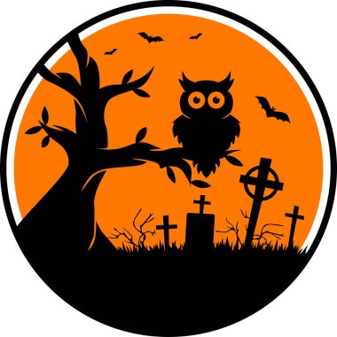 Mezarlıkta dolunayda baykuş silueti. Cadılar Bayramı partisi için vektör yuvarlak etiketi