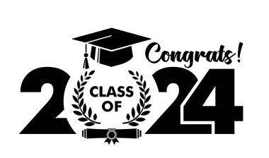 Diplomalı sınıf şablonu logosu, defne çelengi ve mezuniyet şapkası. Şeffaf arkaplanda vektör