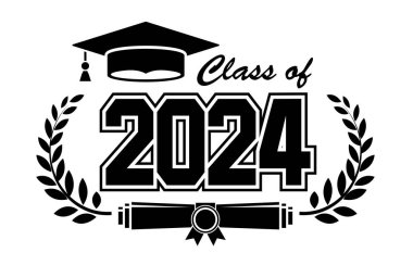 2024 sınıf mezunu. Okul mezunlarını tebrik etme konsepti. Tişört, broşür, davetiye ve tebrik kartı için tasarım. Görüntü, vektör