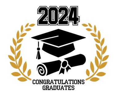 2024 sınıf mezunu. Okul mezunlarını tebrik etme konsepti. Tişört, broşür, davetiye ve tebrik kartı için tasarım. Görüntü, vektör