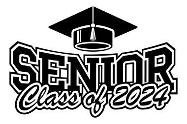 2024 sınıf mezunu. Okul mezunlarını tebrik etme konsepti. Tişört, broşür, davetiye ve tebrik kartı için tasarım. Görüntü, vektör