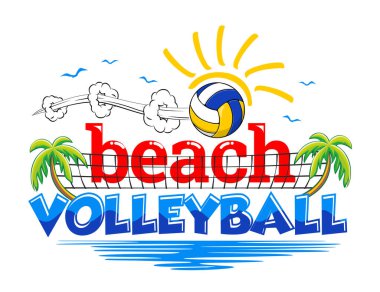 Plaj voleybolu davetiyesi. Voleybol, palmiye ağaçları ve deniz ilanı. Şeffaf arkaplanda vektör