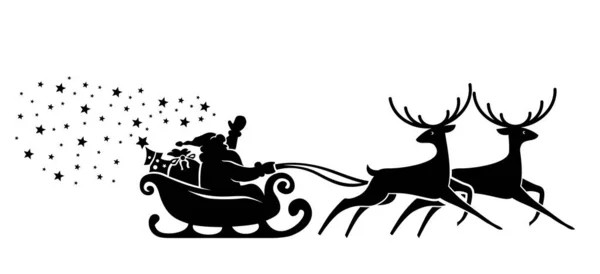 Silhouet Van Kerstman Rijden Een Slee Met Een Kerstboom Geschenken — Stockvector