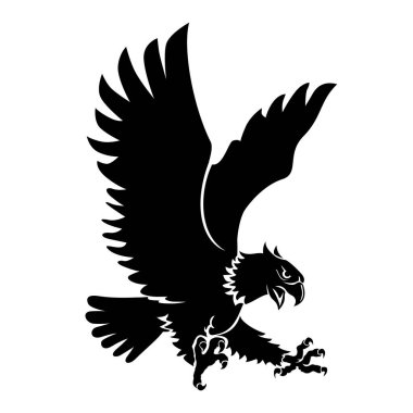 Kartal yukarıdan avına saldırıyor. Şahin silueti dalıyor. Pençelerini uzatmış vahşi bir şahin. Şeffaf arkaplanda logo, dövme ve spor amblemi için vektör şablonu