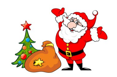 Noel ağacı ve hediye çantası olan eğlenceli Noel Baba. Şeffaf arkaplanda vektör şablonu