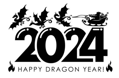 Noel Baba ejderhaların çektiği hediyelerle kızağa biner. 2024 Çin yeni yılı, şeffaf arka planda vektör noel süslemesi