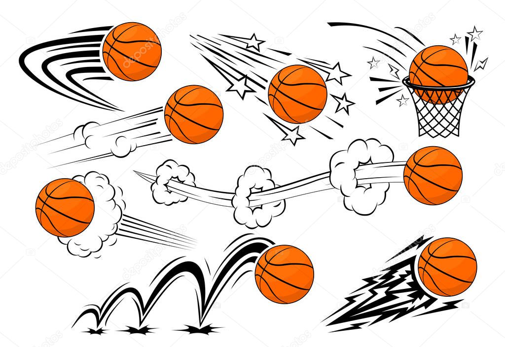 Icons set of Flying basketball ball in comic style. Basketball banner,  template of poster or invitation. Vector on transparent background