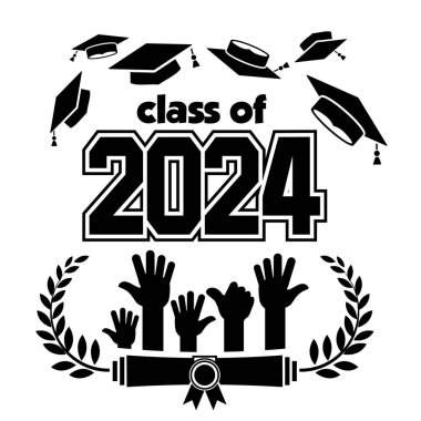 2024 mezuniyet sınıfı afişi tebrik kartı, davetiye kartı, mezuniyet tasarımı, tişört, parti lisesi ya da üniversite mezunu. Mezunların elleri kare şeklinde akademik şapkalar kusar. Şeffaf arkaplanda vektör