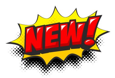 Yeni mi? Komik konuşma balonu. İndirim, tanıtım, indirim, renkli ifadelerin ses efektiyle gelen harfler. Şeffaf arka grubunda vektör