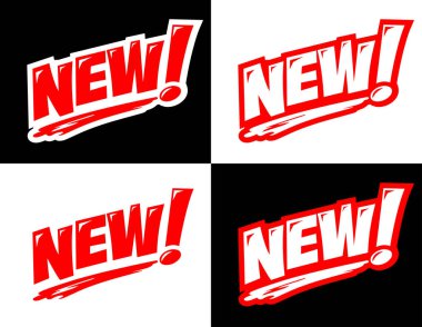 Kırmızı işaret, komik tarzda yeni. Şeffaf ve siyah arkaplanda vektör etiketi