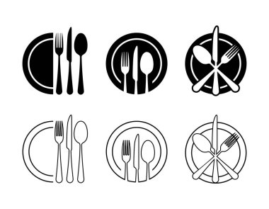 Çatal bıçak ikonu. Kaşık, çatal, bıçak, tabak. Restoran iş konsepti. Şeffaf arkaplanda vektör simgeleri ayarlandı