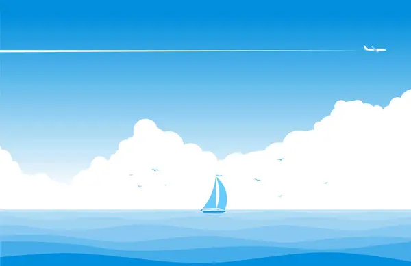 Cielo Blu Con Nuvole Aereo Vela Silhouette Yacht Sul Mare Illustrazione Stock