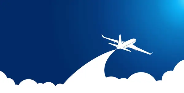 White Plane Silhouette Blue Sky Flying Clouds Vector Background Template Vector de stock