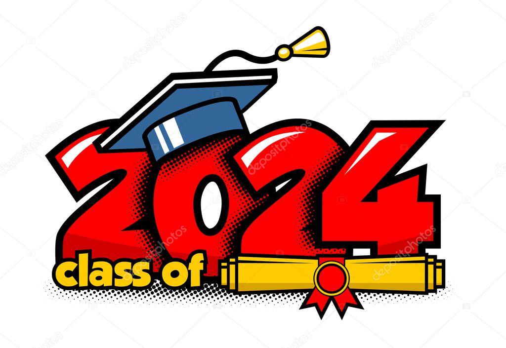 2024 class graduate header. Decorate congratulation for school graduates in comic cartoon style. Vector on transparent background