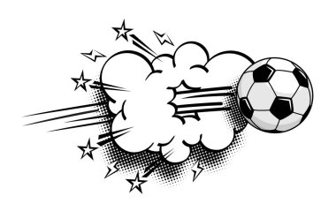 Futbol topu yüksek hızda uçar ve bulutları aşar. Çizgi roman tarzında şeffaf arkaplan üzerinde vektör 
