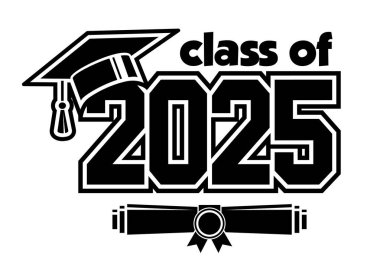 Selamlama kartı için 2025 Sınıfı, davetiye. Mezuniyet tasarımı, kutlama etkinliği, tişört, parti, lise ya da üniversite mezuniyeti metni. Şeffaf arkaplanda vektör