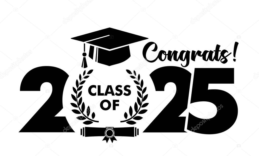 Graduate class template logo with diploma, laurel wreath and graduation cap. Vector on transparent background
