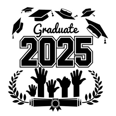 Tebrik kartı için 2025 mezuniyet mektubu. Okuldan mezuniyet, şapka fırlatma geleneği. Mezuniyet tasarımı, kutlama etkinliği, tişört, parti, lise ya da üniversite mezuniyeti metni. Şeffaf ve siyah arkaplan üzerine vektör