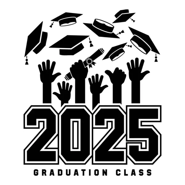Tebrik kartı için 2025 mezuniyet mektubu. Okuldan mezuniyet, şapka fırlatma geleneği. Mezuniyet tasarımı, kutlama etkinliği, tişört, parti, lise ya da üniversite mezuniyeti metni. Şeffaf ve siyah arkaplan üzerine vektör