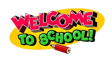 Okul harflerine hoş geldiniz. Davetiye için kalem şablonu, tebrikler. Okula dönmek, ilk okul günü eğlence afişi. Şeffaf arkaplanda vektör.