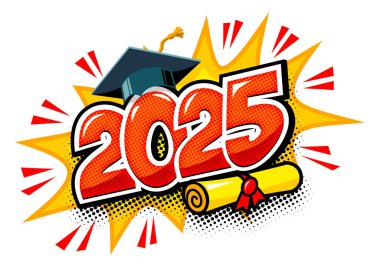 2025 mezuniyet balosu. Çizgi film tarzında okul mezunlarını tebrik etmek için. Şeffaf arkaplanda vektör