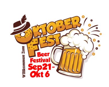 Ekim Festivali Alman bira festivali. İniş ya da poster şablonu tasarımı. Bir bardak biralı tasarım, ulusal şapka, Alman karşılama tercümesi, etkinliğin tarihi. Şeffaf arkaplanda vektör