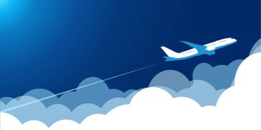 Bulutların üzerinde mavi gökyüzünde uçan uçak arkasında iz bırakır. Web sayfası heade için resim, düzenlenebilir vektör şablonu