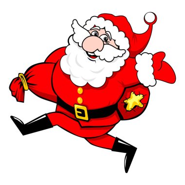 Neşeli Noel Baba, Çizgi Film Noel Baba 'sının hediye çantasıyla koşuşuyla koşuyor. Şeffaf arkaplanda Noel vektör dekorasyonu